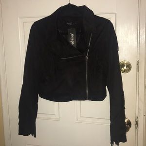Fringed black faux suede moto jacket